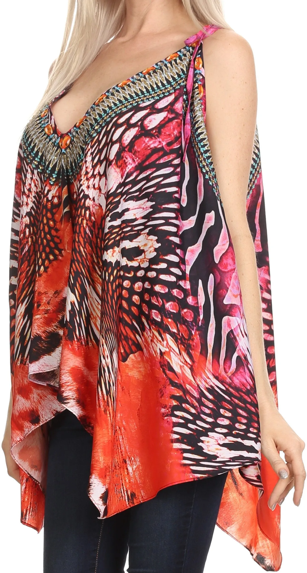 Sakkas Nasreen Sleeveless Printed V-Neck Tank Trapeze Caftan Adjustable Straps