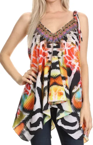 Sakkas Nasreen Sleeveless Printed V-Neck Tank Trapeze Caftan Adjustable Straps