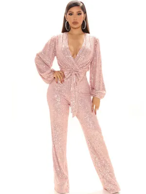 Sequin Long Sleeve V Neck Sparkly Jumpsuits