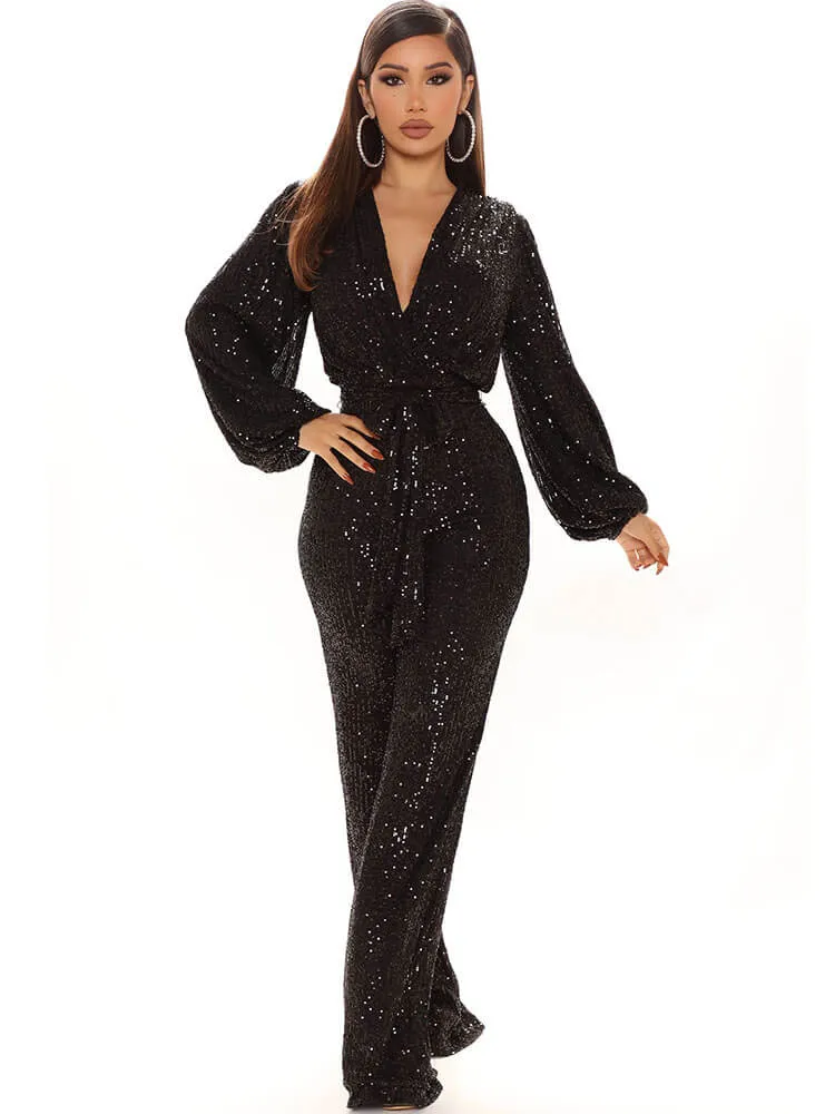 Sequin Long Sleeve V Neck Sparkly Jumpsuits