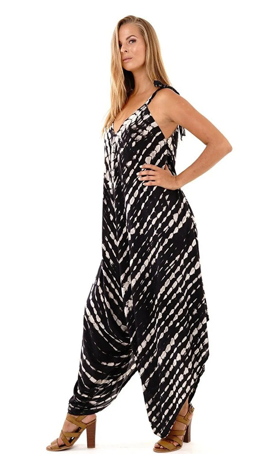 SHU-SHI Women's Boho Harem Jumpsuit Casual Sleeveless One Piece Romper Wide Leg Loose Fit Tie Dye