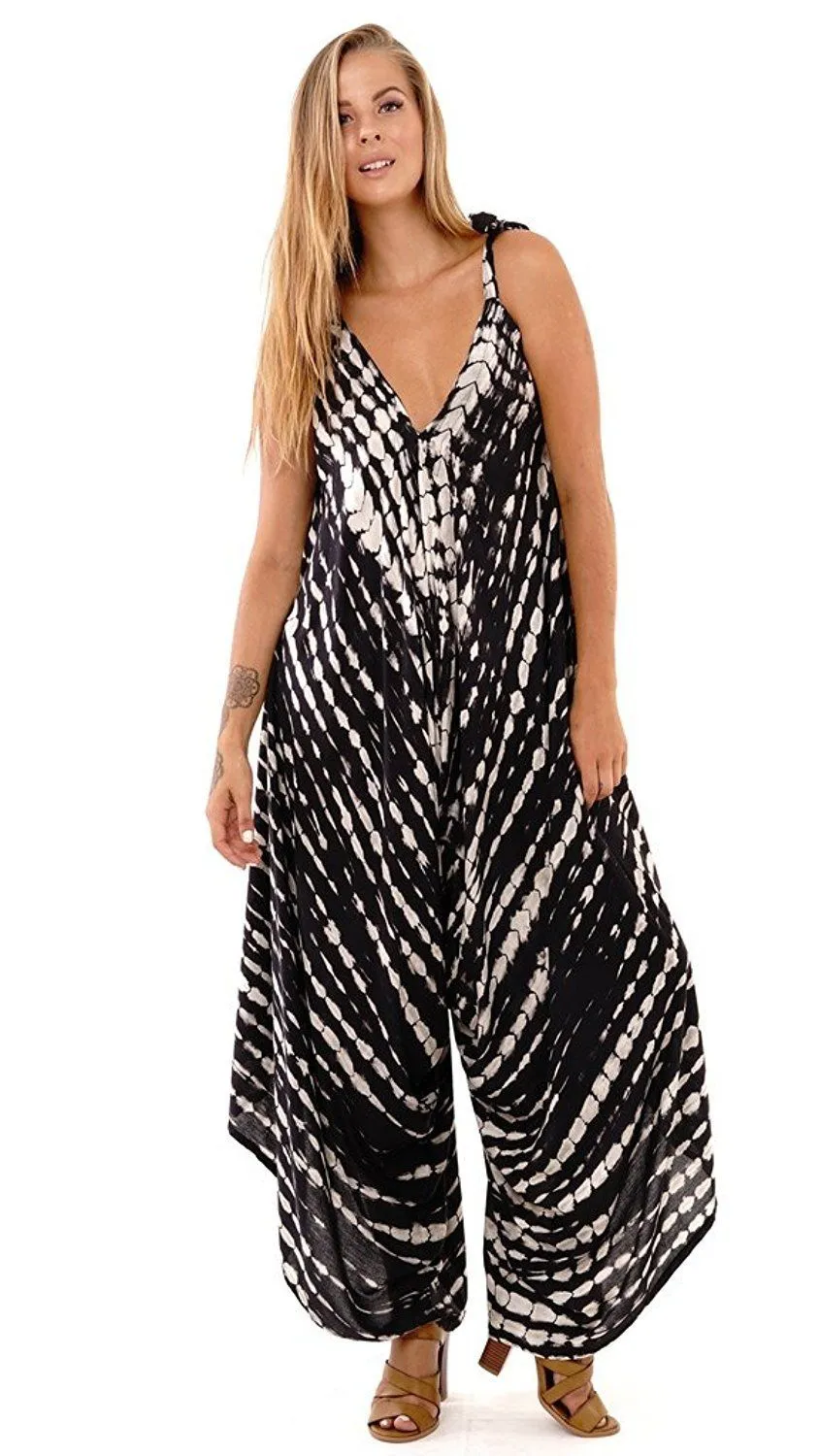 SHU-SHI Women's Boho Harem Jumpsuit Casual Sleeveless One Piece Romper Wide Leg Loose Fit Tie Dye