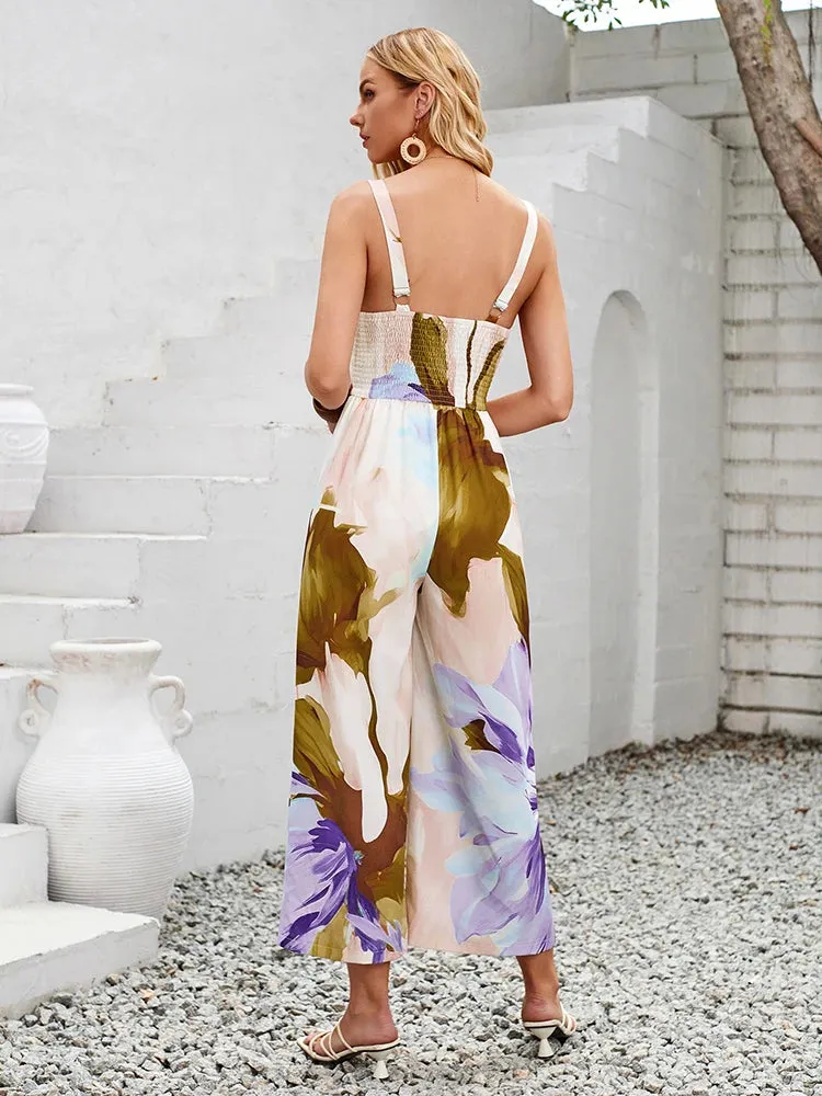 Summer Women's Print Jumpsuits Halter Beach Long Woman Jumpsuits