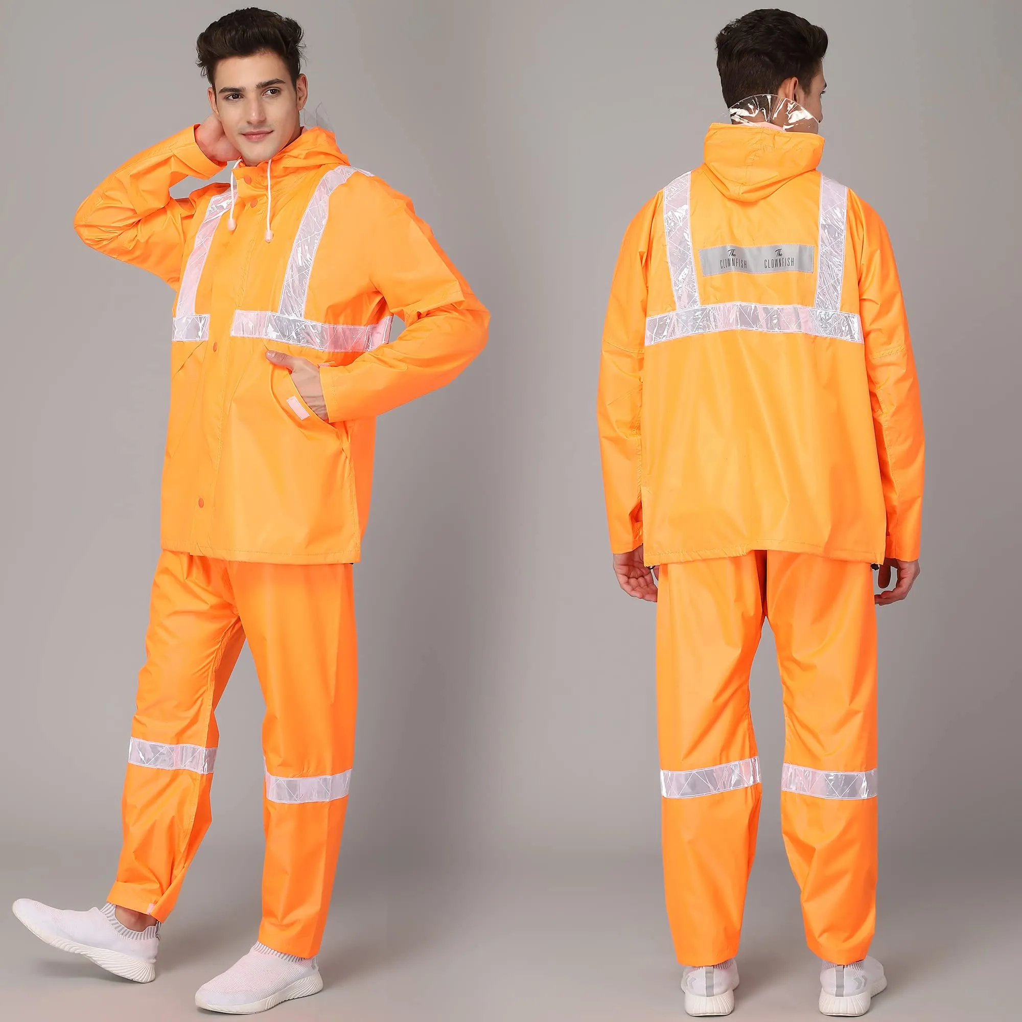 The Clownfish Gabriel Series Men's Waterproof Polyester Raincoat with Hood and Reflector Logo at Front & Back for Night Travelling. Set of Top and Bottom. Printed Plastic Pouch with Rope ( Orange, XX-Large)