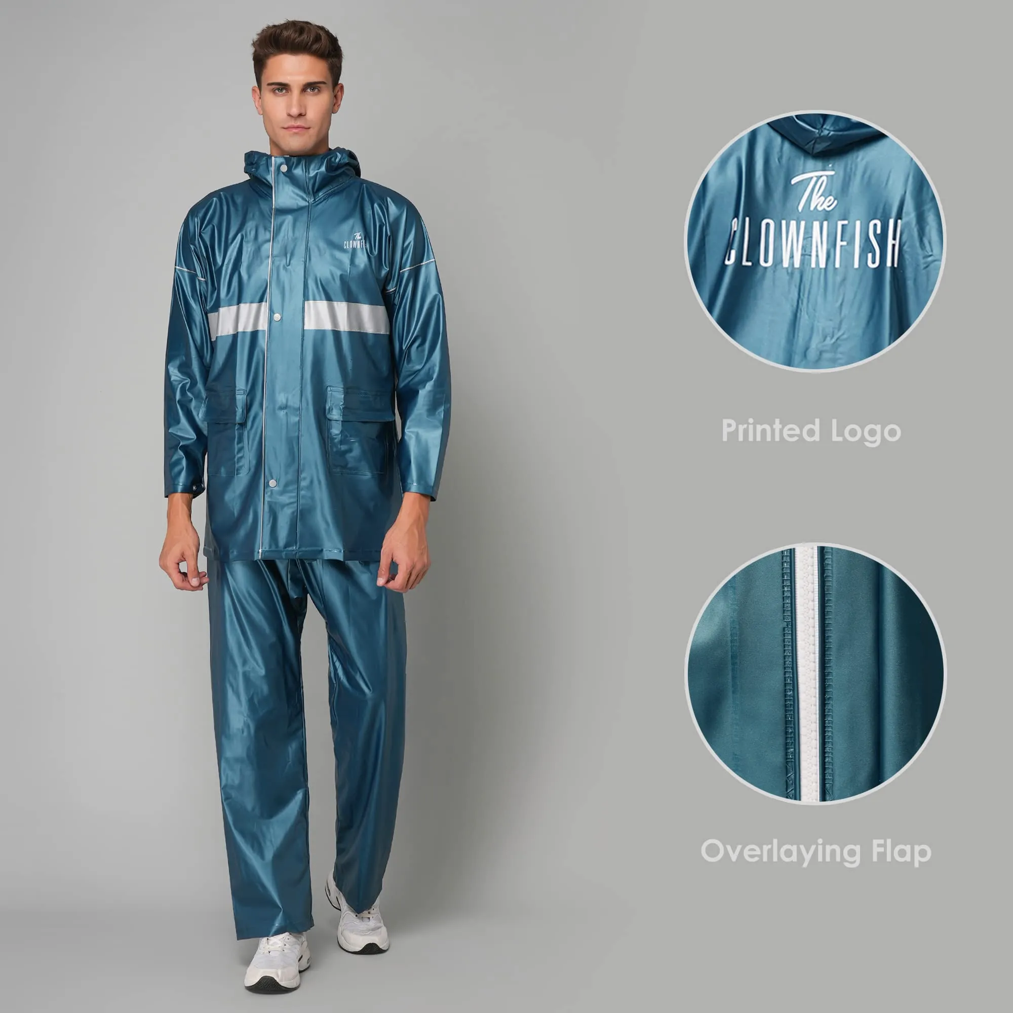 THE CLOWNFISH Rain Coat for Men Waterproof for Bike Raincoat for Men with Hood PVC Material. Set of Top and Bottom. Azure Pro Series (Bright Turquoise, XXX-Large)