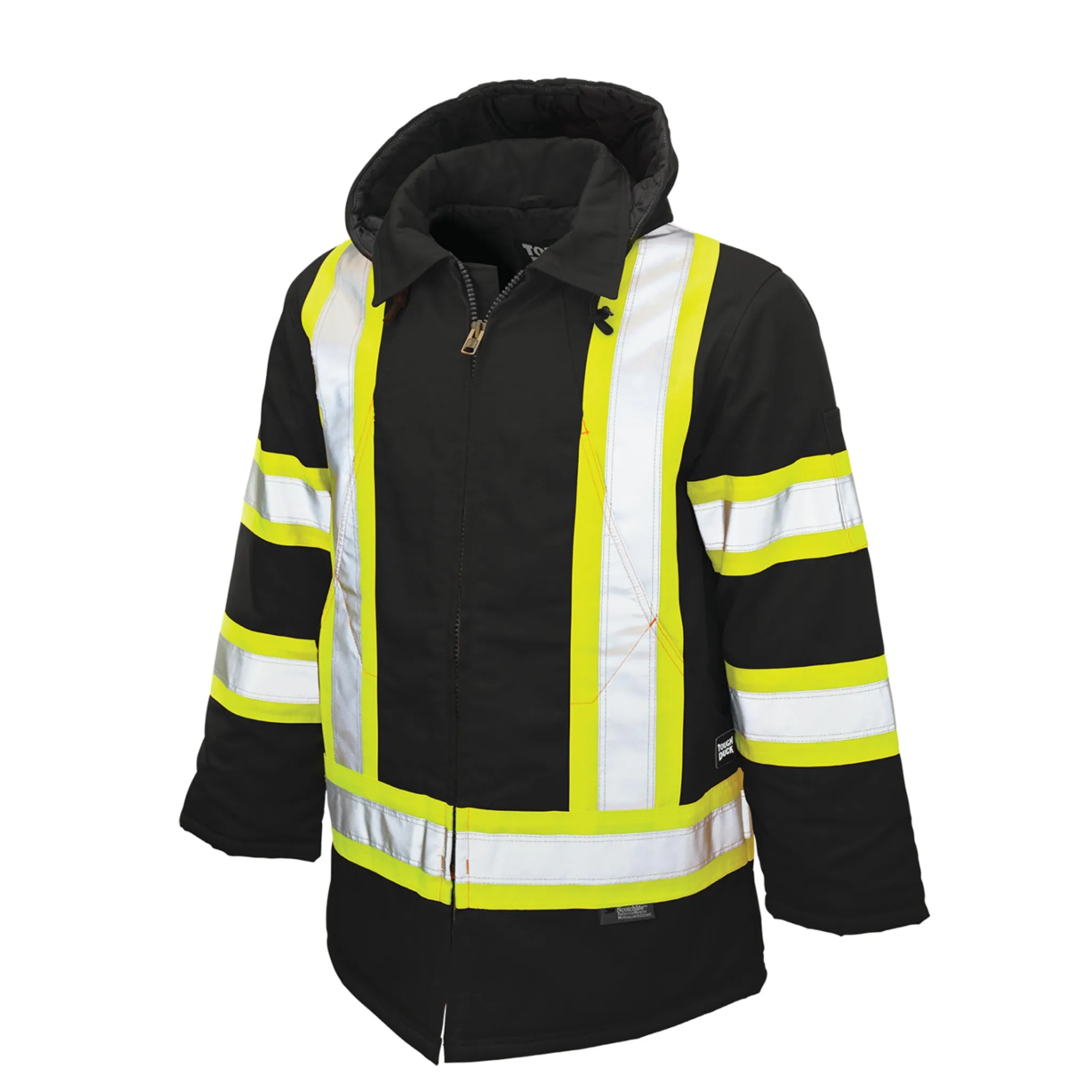 Tough Duck Men's Hi Vis Winter Safety Parka S157 | CSA Cotton Duck Reflective, 3M Scotchlite Insulated | ANSI Certified, Quick-Release Hood | Sizes XS-5XL