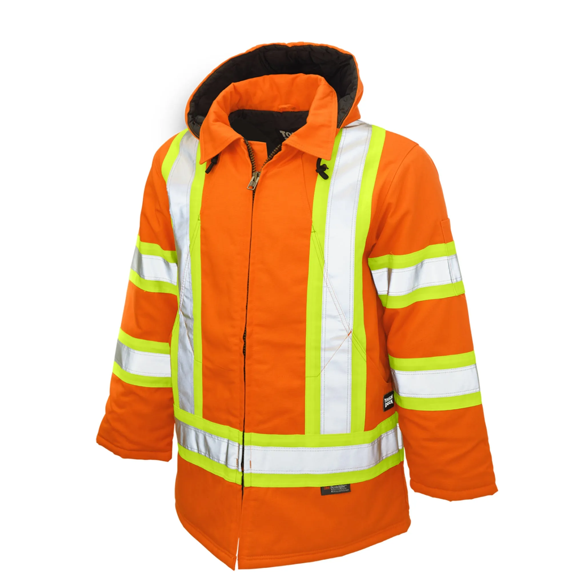 Tough Duck Men's Hi Vis Winter Safety Parka S157 | CSA Cotton Duck Reflective, 3M Scotchlite Insulated | ANSI Certified, Quick-Release Hood | Sizes XS-5XL