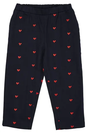 TWILL HEART PANTS - NAVY W. RED HEARTS