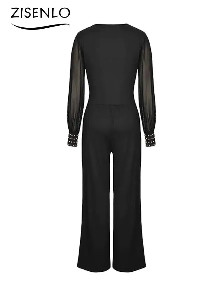 V Neck Long Sleeves Lapel Solid Jumpsuit