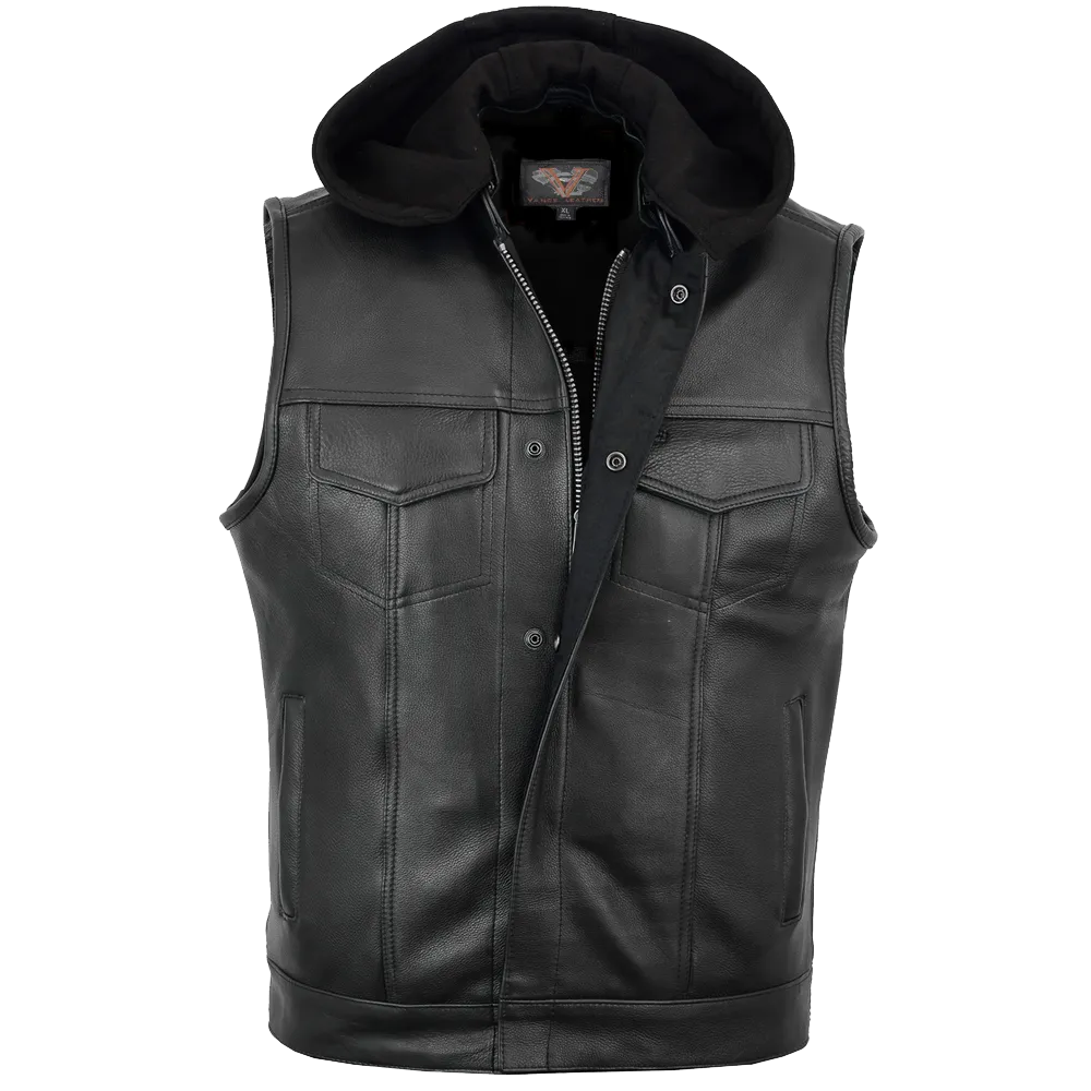 VL914H Vance Leather Zipper and Snap Closure Leather Motorcycle Club Vest with Hoodie