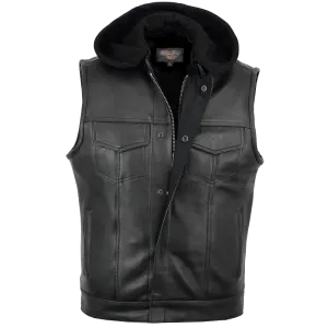 VL914H Vance Leather Zipper and Snap Closure Leather Motorcycle Club Vest with Hoodie