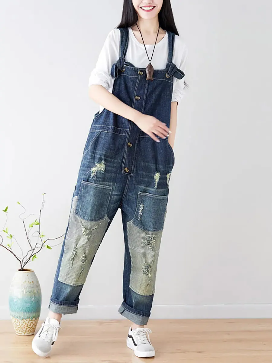 Women Spliced Denim Jumpsuits