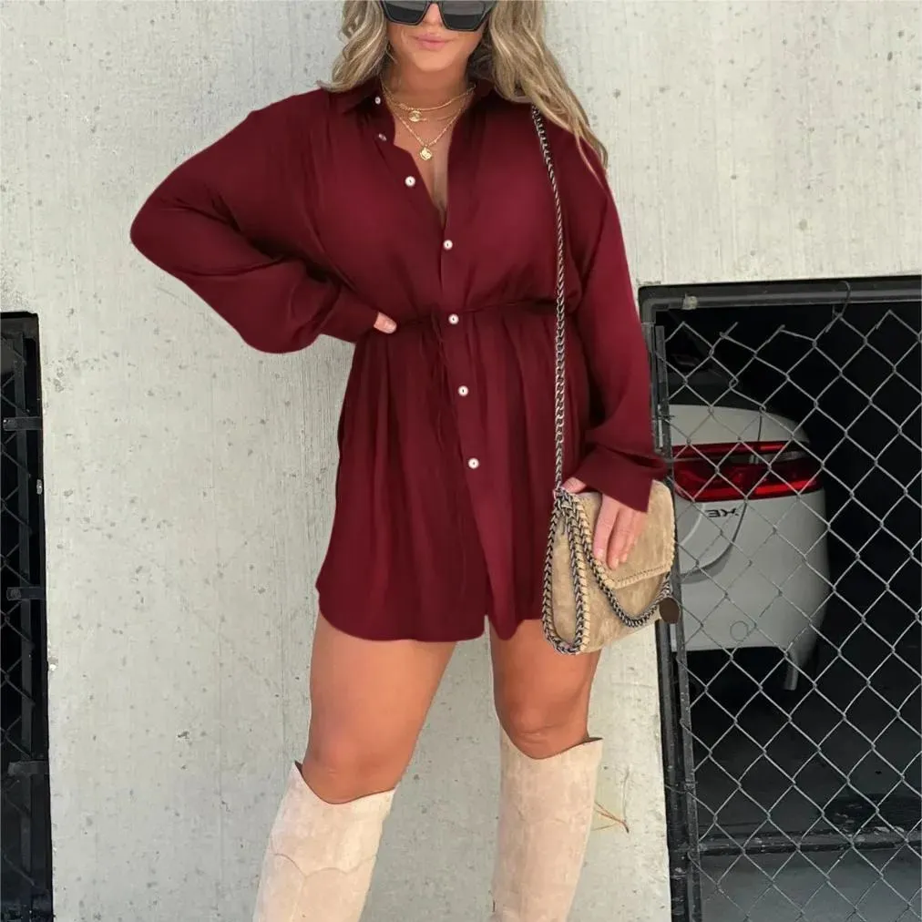 Women's Long Sleeve Jumpsuit With Button Fashion Shirt Dress