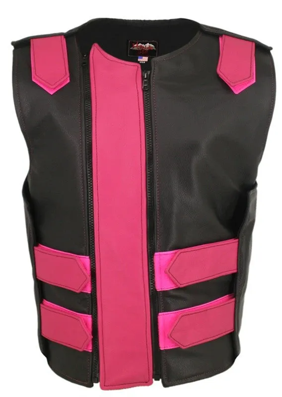 Womens Made in USA Double Zippered Bullet Proof Leather Motorcycle Vest All Colors